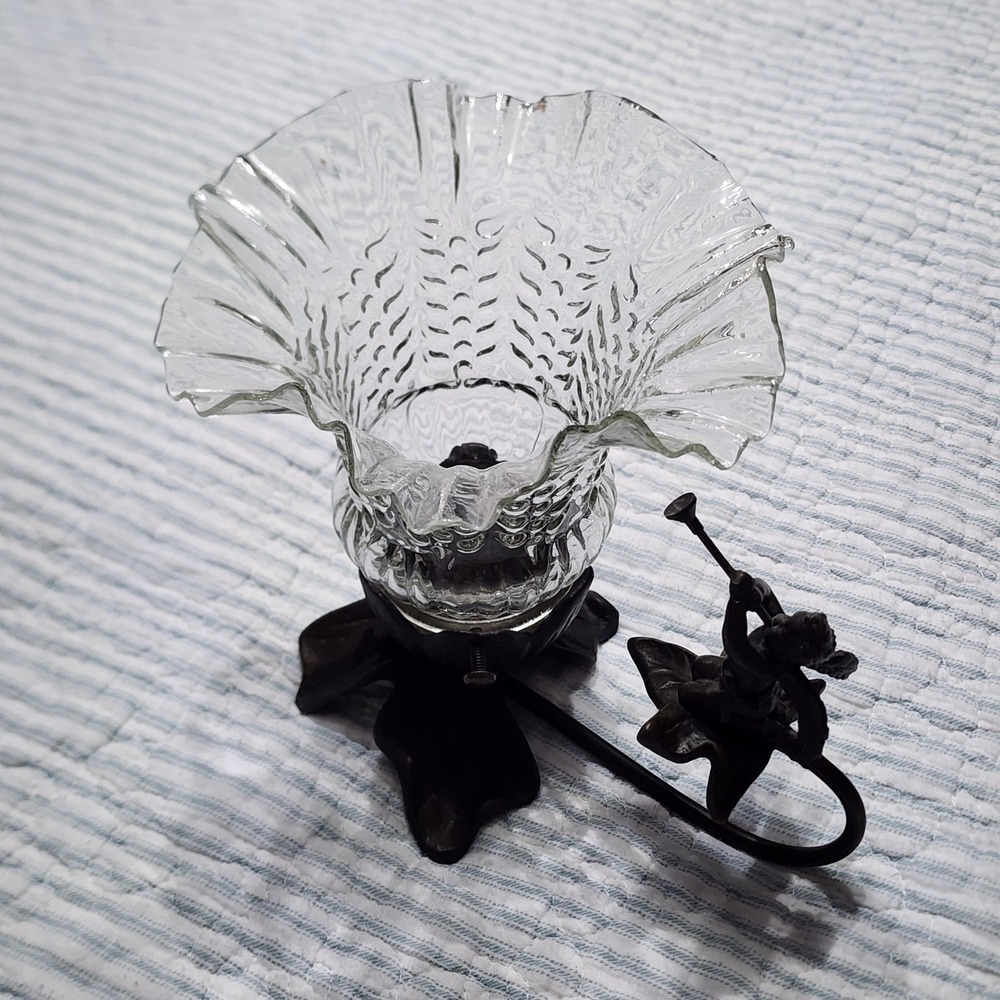 Vintage Cherub Trumpet Metal Base Glass Ruffled Tulip Votive Candle Holder